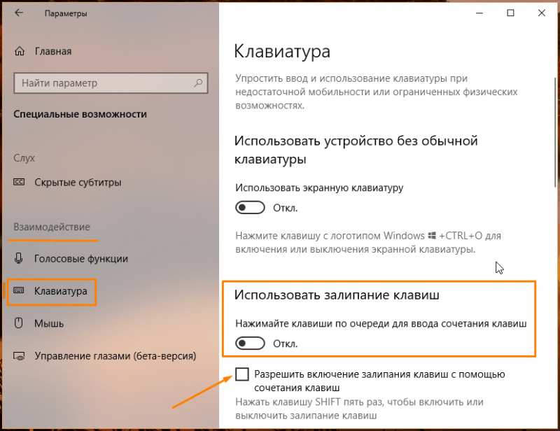 Окно «Специальные возможности» в параметрах Windows 10