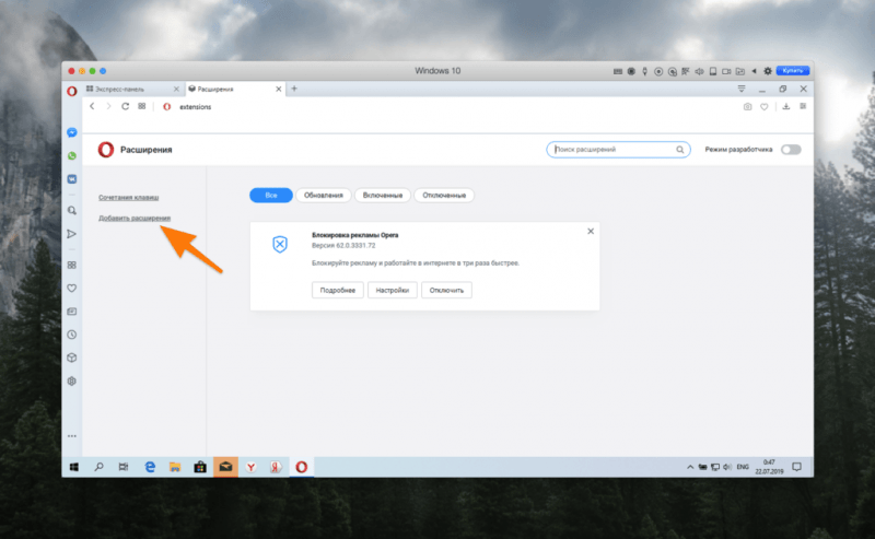 Настройки расширений в Opera