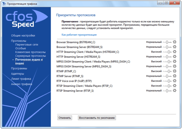 Окно программы CFos (Потоковое аудио и видео)