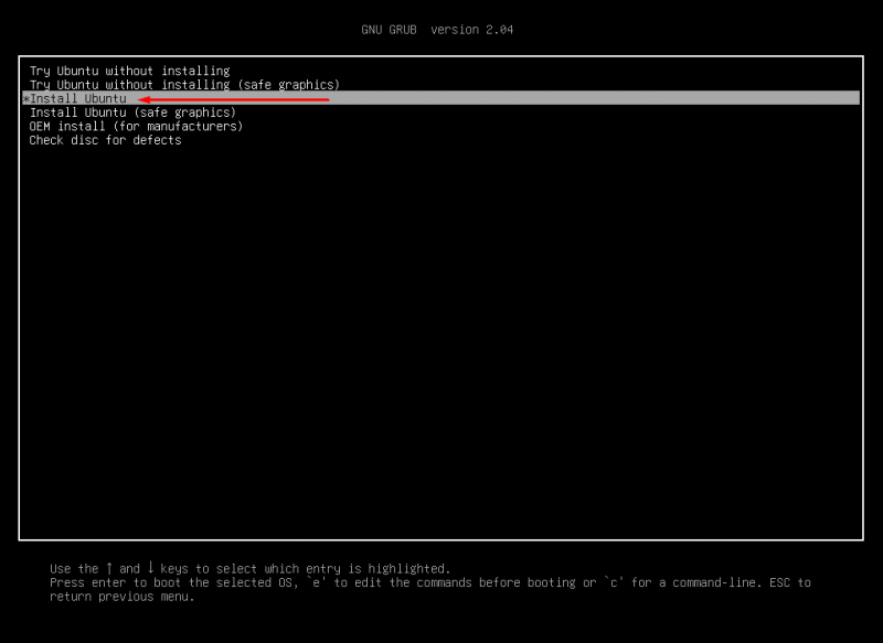 В списке выбираю пункт «Install Ubuntu» и нажимаю на кнопку Enter.
