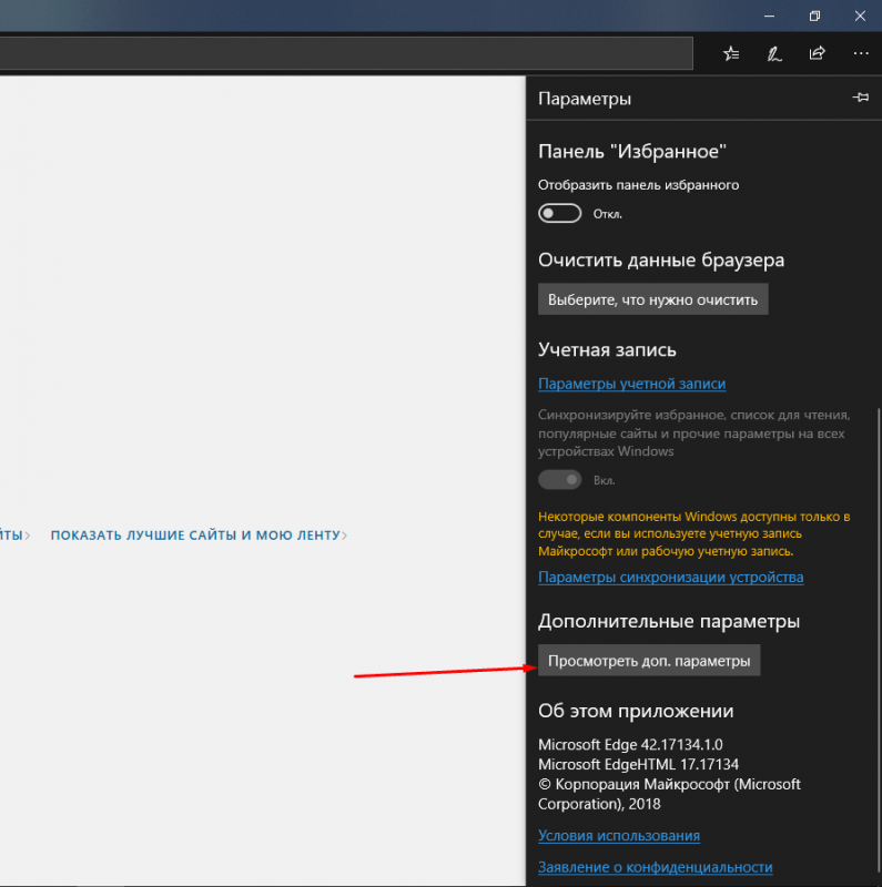 Переход к дополнительным параметрам Microsoft Edge