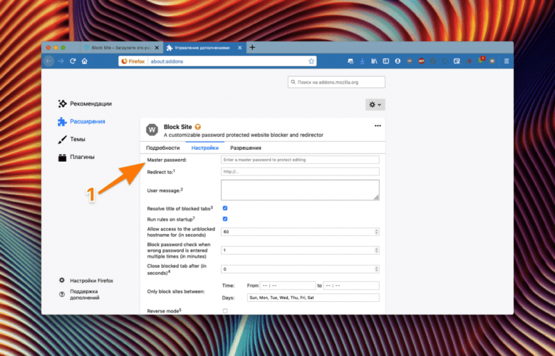 Настройки расширения Block Site в Firefox