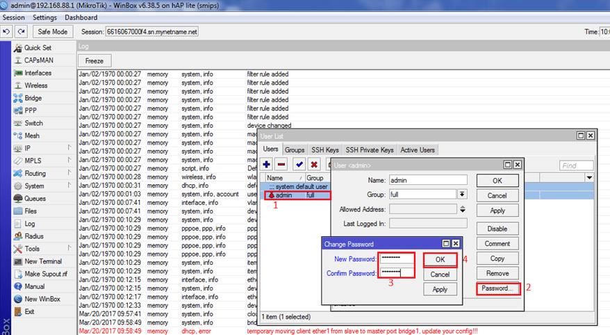 Изменение пароля для входа в роутере Mikrotik