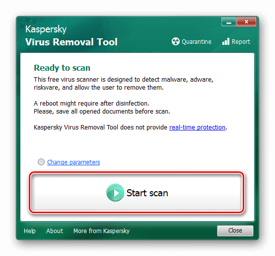 Интерфейс Kaspersky Virus Removal Tool