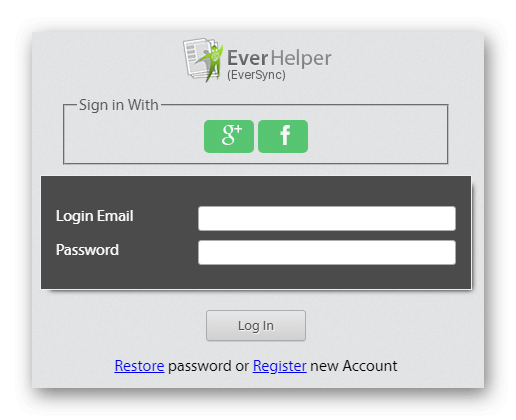 Форма входа в аккаунт EverSync