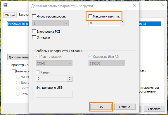 Окно «Дополнительные параметры загрузки» в окне утилиты «MSConfig» в Windows 10