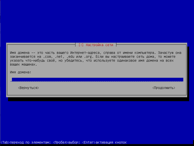 Введение имени домена в установщике Kali