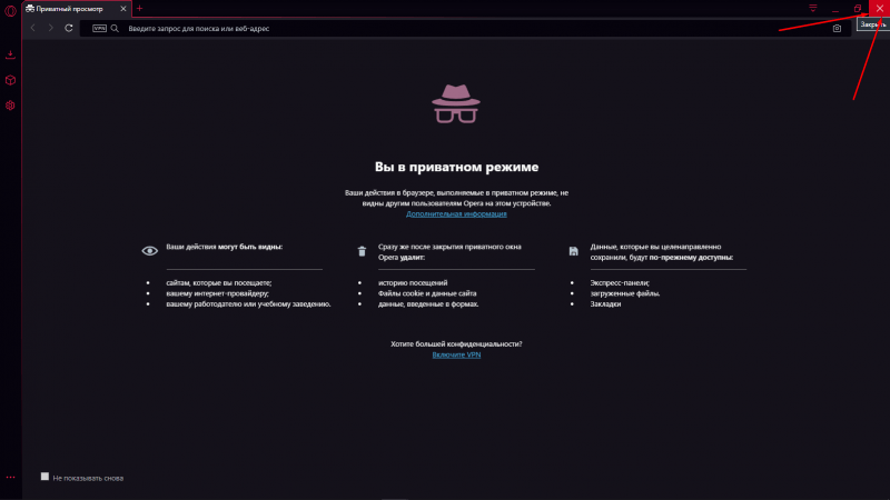 Окно приватного режима в браузере Opera GX