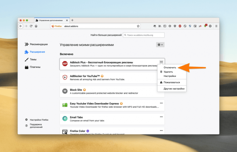 Список расширений в Firefox