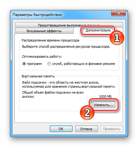 Вкладка Дополнительно в параметрах быстродействия Windows 7