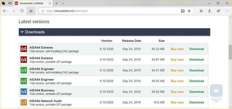 Страница загрузки на официальном сайте программы «AIDA 64»