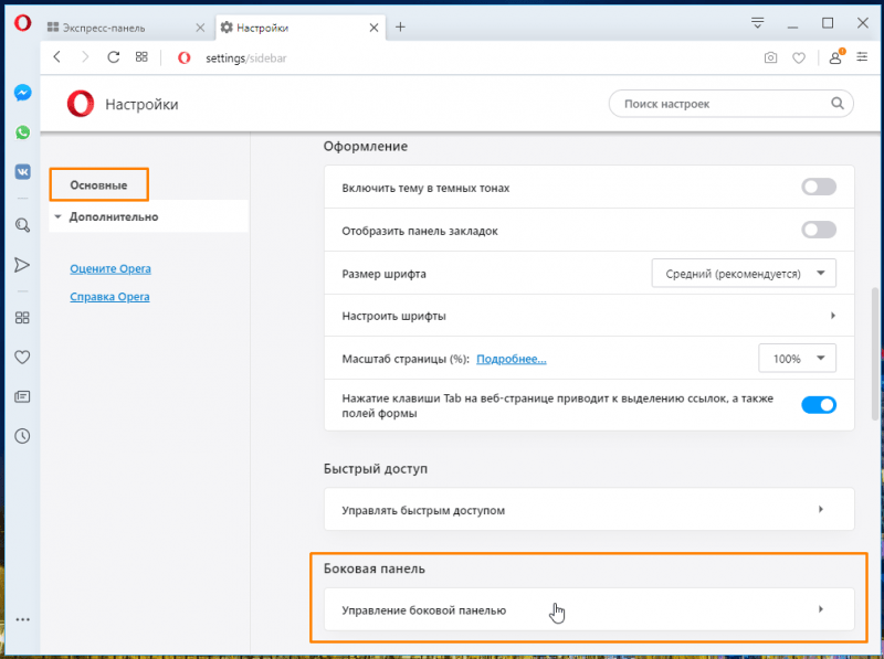Раздел настроек «Основные» в браузере Opera