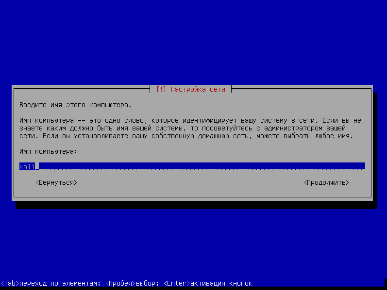 Введение имени компьютера в установщике Kali