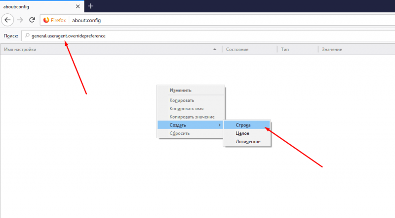 Создание новой конфигурации в Mozilla Firefox