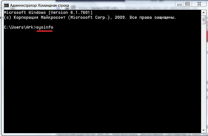 На чёрном экране командной строки набираем команду SYSINFO
