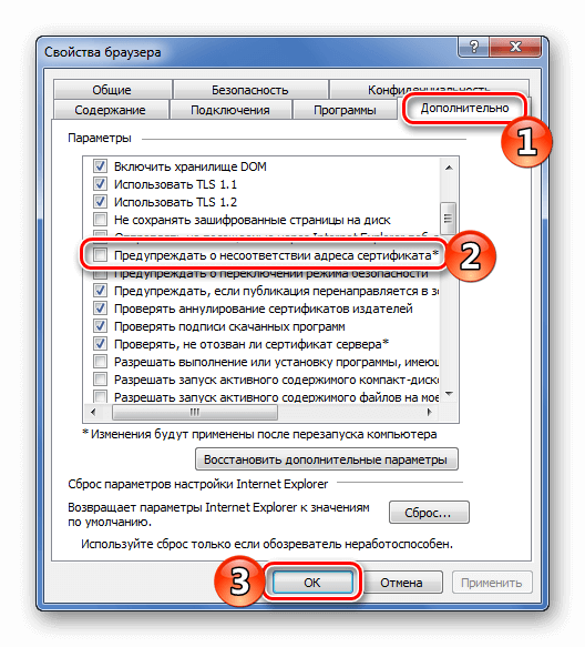 Пункт Предупреждать о несоответствии адреса сертификата