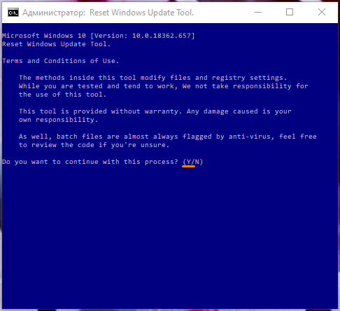 Окно «Администратор: Reset Windows Update Tool» в Windows 10