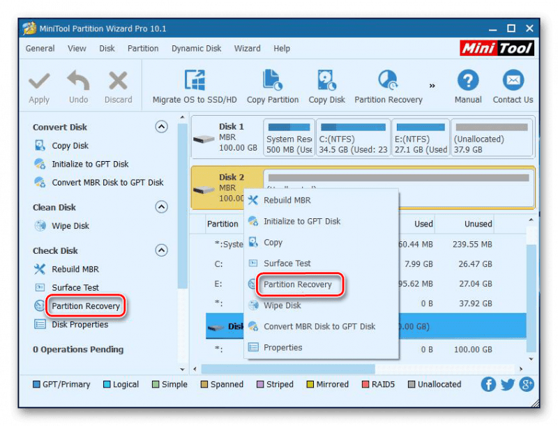 Восстановление разделов в MiniTool Partition Wizard