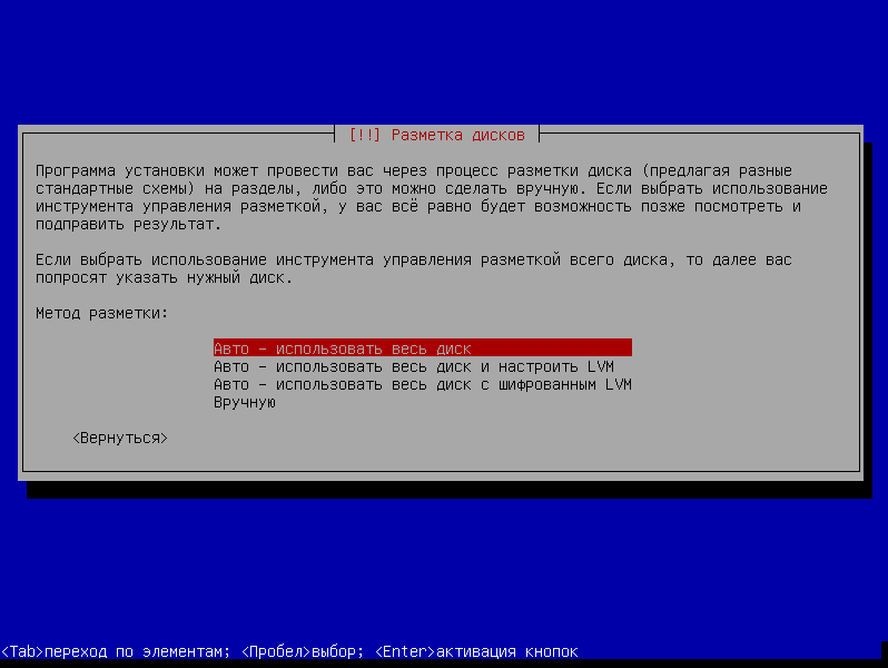 Выбор способа разметки диска в установщике Kali