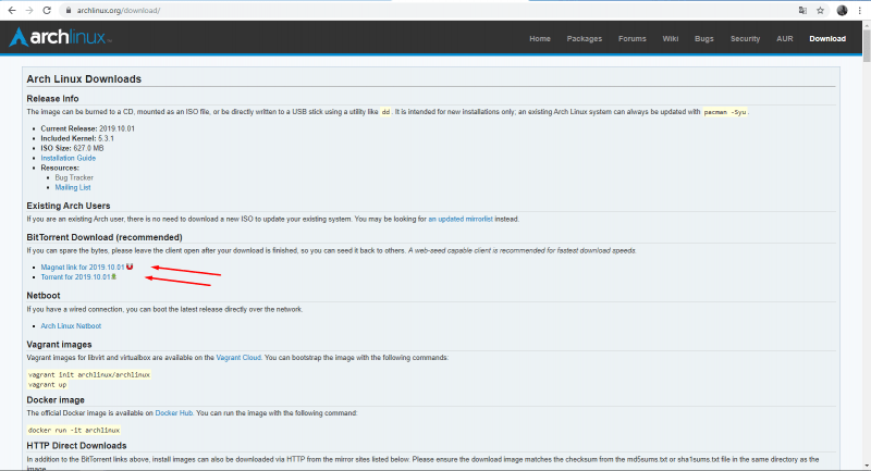 Ссылки на скачивание образа Arch на официальном сайте