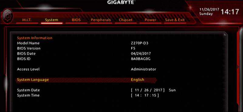 Интерфейс Gigabyte BIOS – настройки System