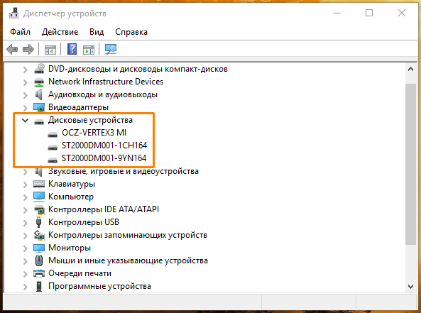 Дисковые устройства в окне «Диспетчера устройств» Windows