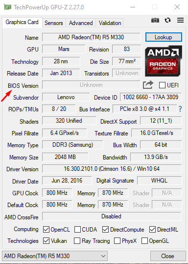 Поиск версии BIOS видеокарты в приложении GPU-Z