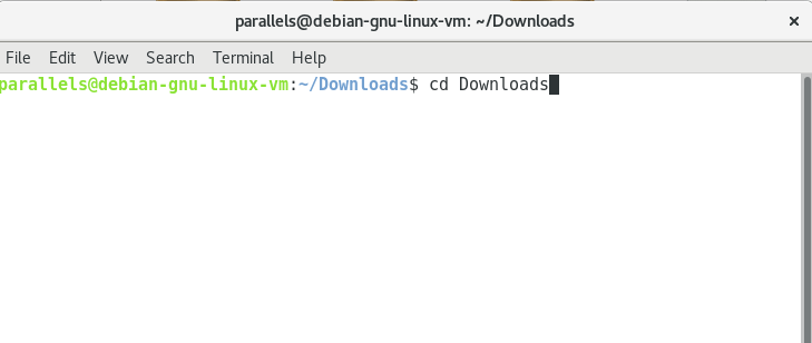 Команда cd Downloads, введенная в терминал дистрибутива Debian