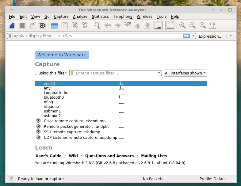 Главное окно Wireshark с выбором подключения