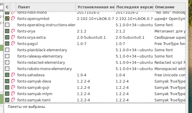 Список доступных шрифтов в Synaptic