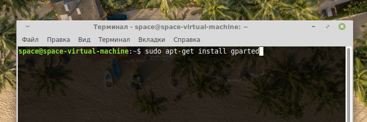 Команда установки приложения GParted в Linux Mint