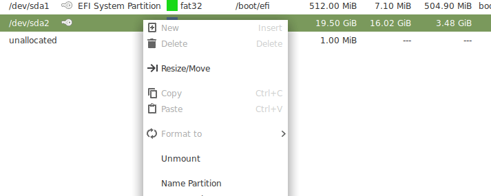 Контекстное меню управления диском в GParted