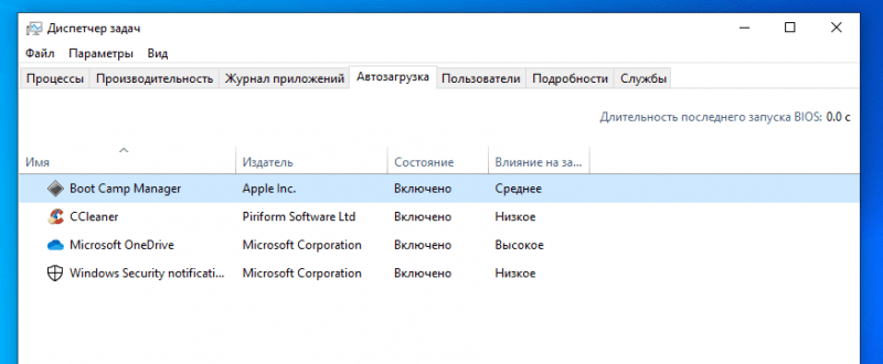 Список программ в автозапуске Windows 10