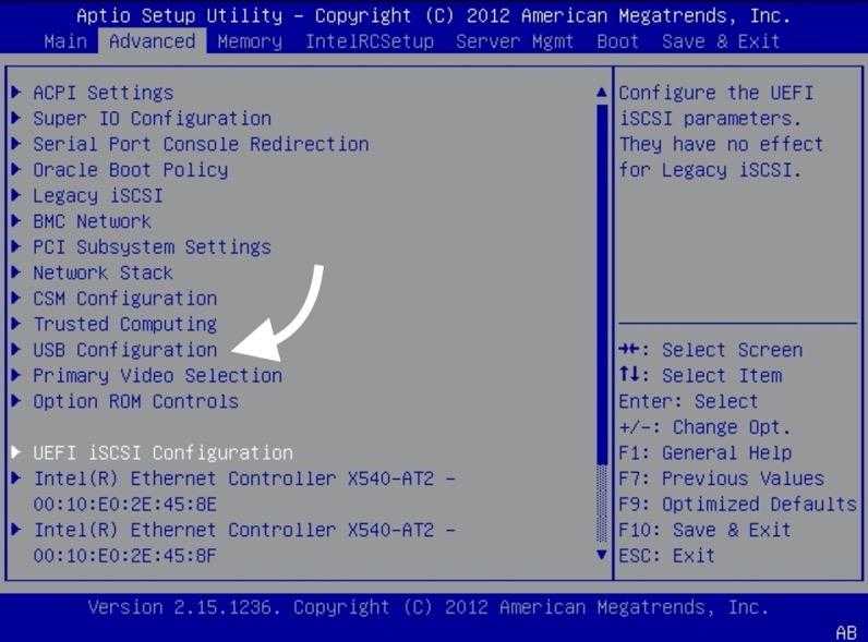 Окно Advanced в AMI BIOS