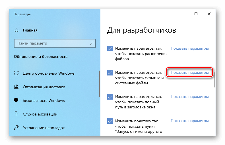 Показать параметры для разработчиков