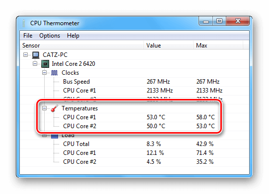 Главное окно программы CPU Thermometer