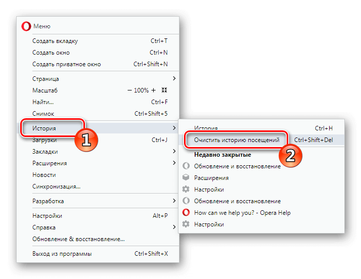 Пункт Очистить историю посещений в меню Opera