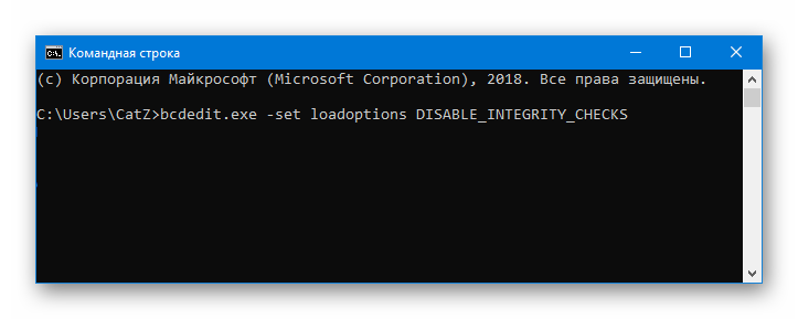 Командная строка DISABLE_INTEGRITY_CHECKS