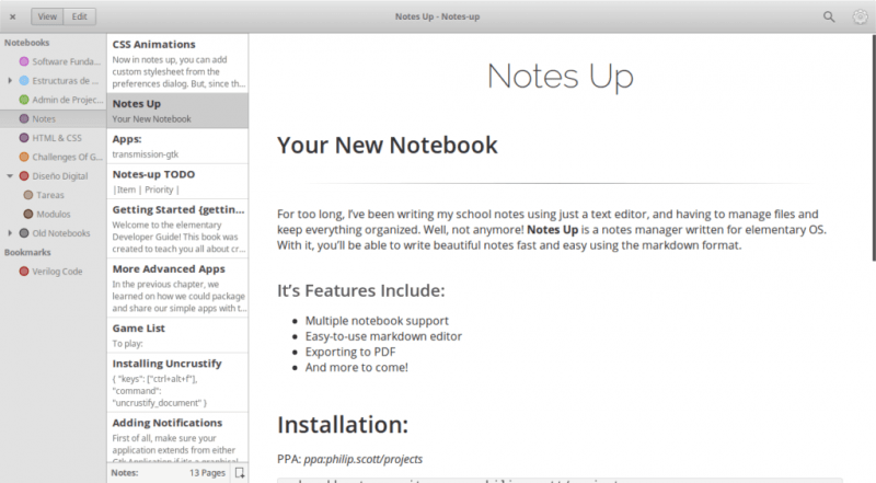 Интерфейс программы Notes UP в Elementary OS