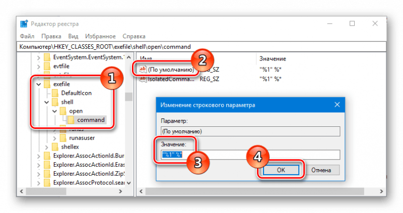 Реестр HKEY_CLASSES_ROOTexefileshellopencommand