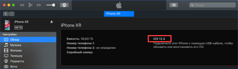 Вкладка «Обзор» для подключенного iPhone