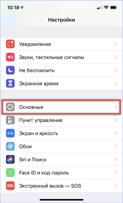 Основное окно настроек iOS