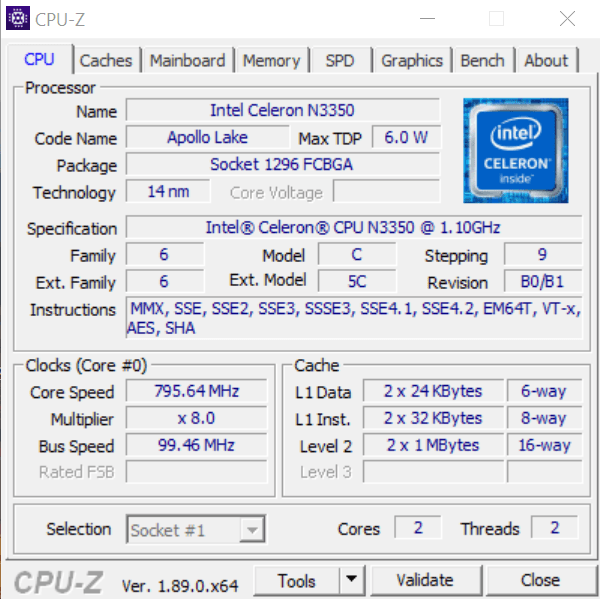 Сведения о процессоре в CPU-Z