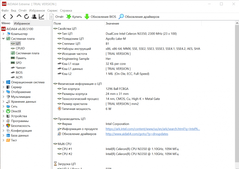 Информация о процессоре в программе AIDA64