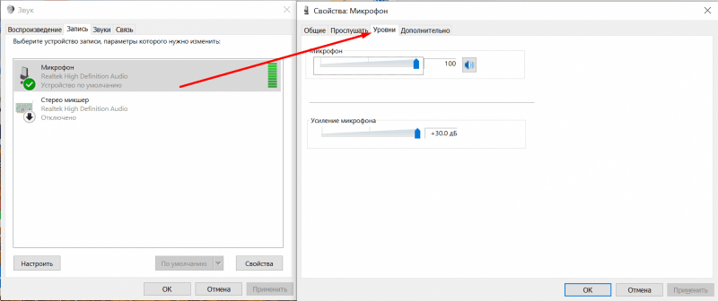 Уровни громкости и усиления микрофона