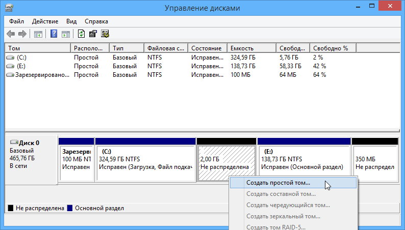 Создание простого тома на диске