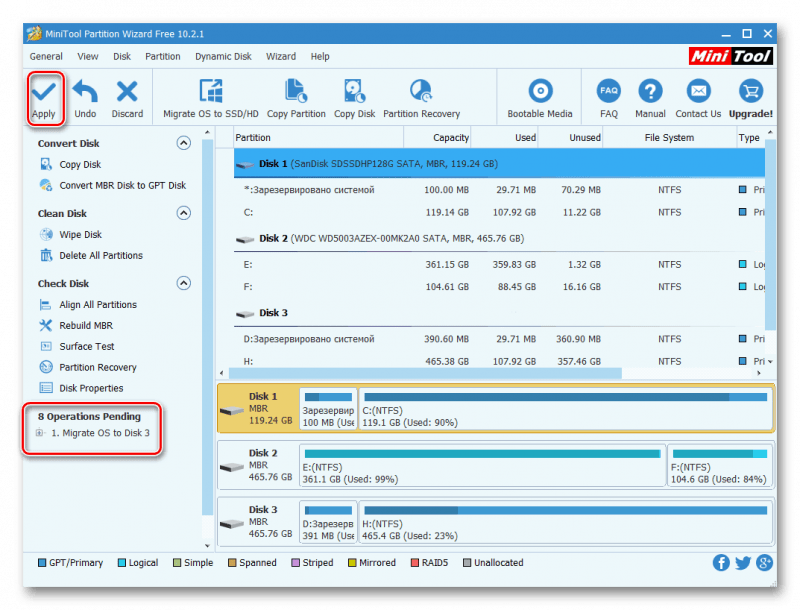 Запуск клонирования диска в MiniTool Partition Wizard